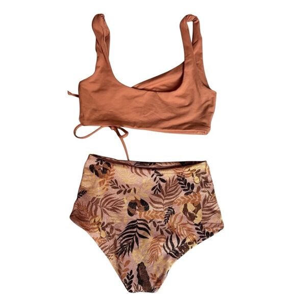 L*Space Neutral Brown 2 Piece Bikini Swimsuit Wilder Top & High Waist Bottom XS - Picture 4 of 13